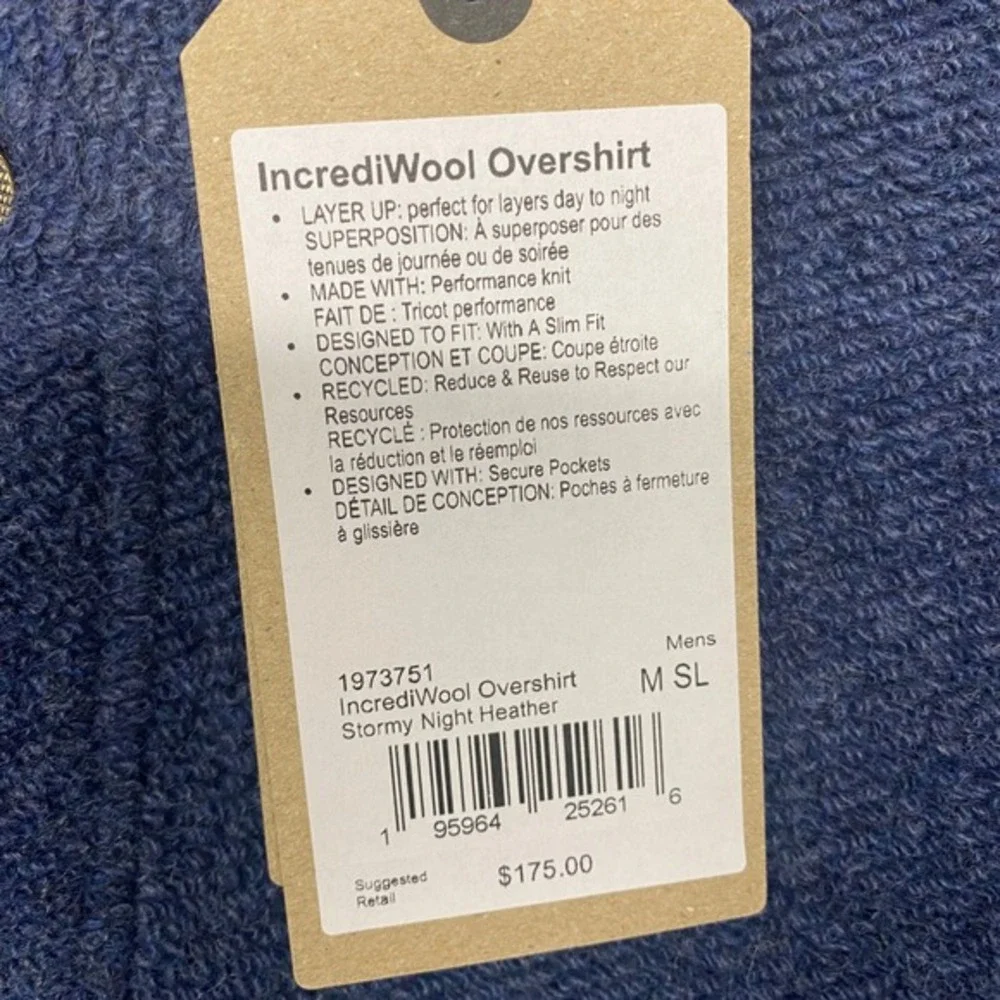 Prana Mens Blue Medium Incrediwool‎ Overshirt Jacket Stormy Night Heather Slim